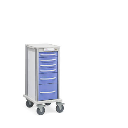 Narrow Pace 27 Procedure cart with white frame and lavender drawers