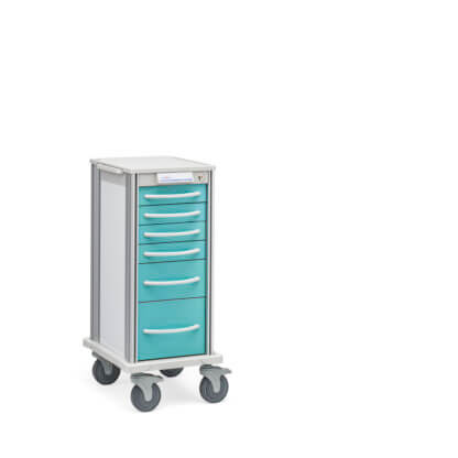 Narrow Pace 27 Procedure cart with white frame and meadow drawers