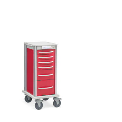 Narrow Pace 27 Procedure cart with red frame and drawers