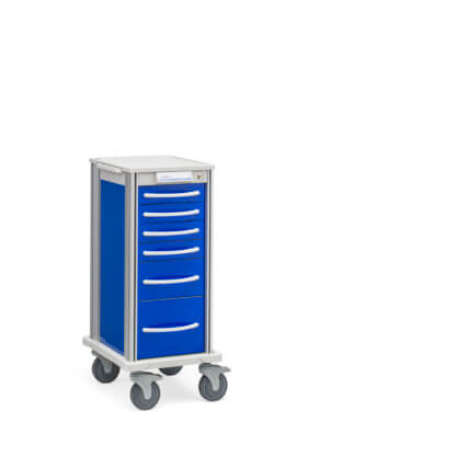 Narrow Pace 27 Procedure cart with royal blue frame and drawers