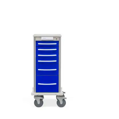 Narrow Pace 27 Procedure cart with royal blue frame and drawers