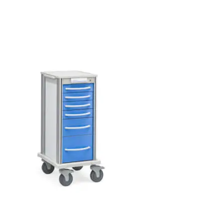 Narrow Pace 27 Procedure cart with white frame and sky blue drawers
