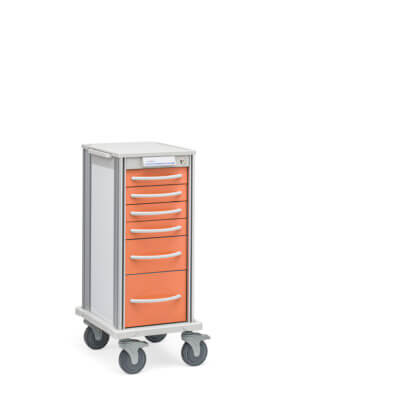 Narrow Pace 27 Procedure cart with white frame and sunset orange drawers
