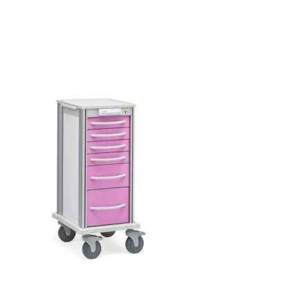 Narrow Pace 27 Procedure cart with white frame and vivid pink drawers