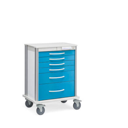 Pace 27 Procedure cart with white frame and caribbean drawers