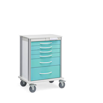Pace 27 Procedure cart with white frame and meadow drawers