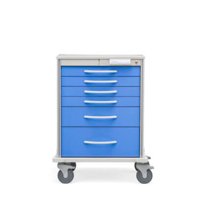 Pace 27 Procedure cart with white frame and sky blue drawers