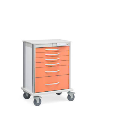 Pace 27 Procedure cart with white frame and sunset orange drawers