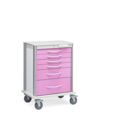 Pace 27 Procedure cart with white frame and vivid pink drawers