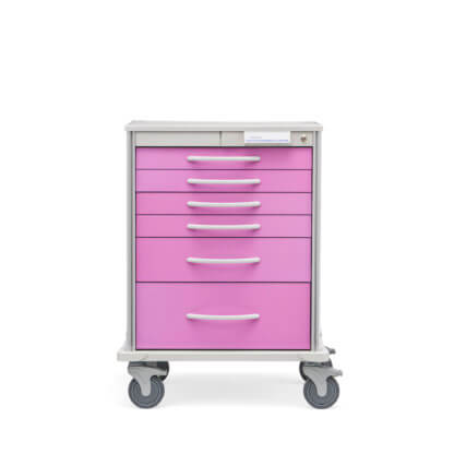 Pace 27 Procedure cart with white frame and vivid pink drawers