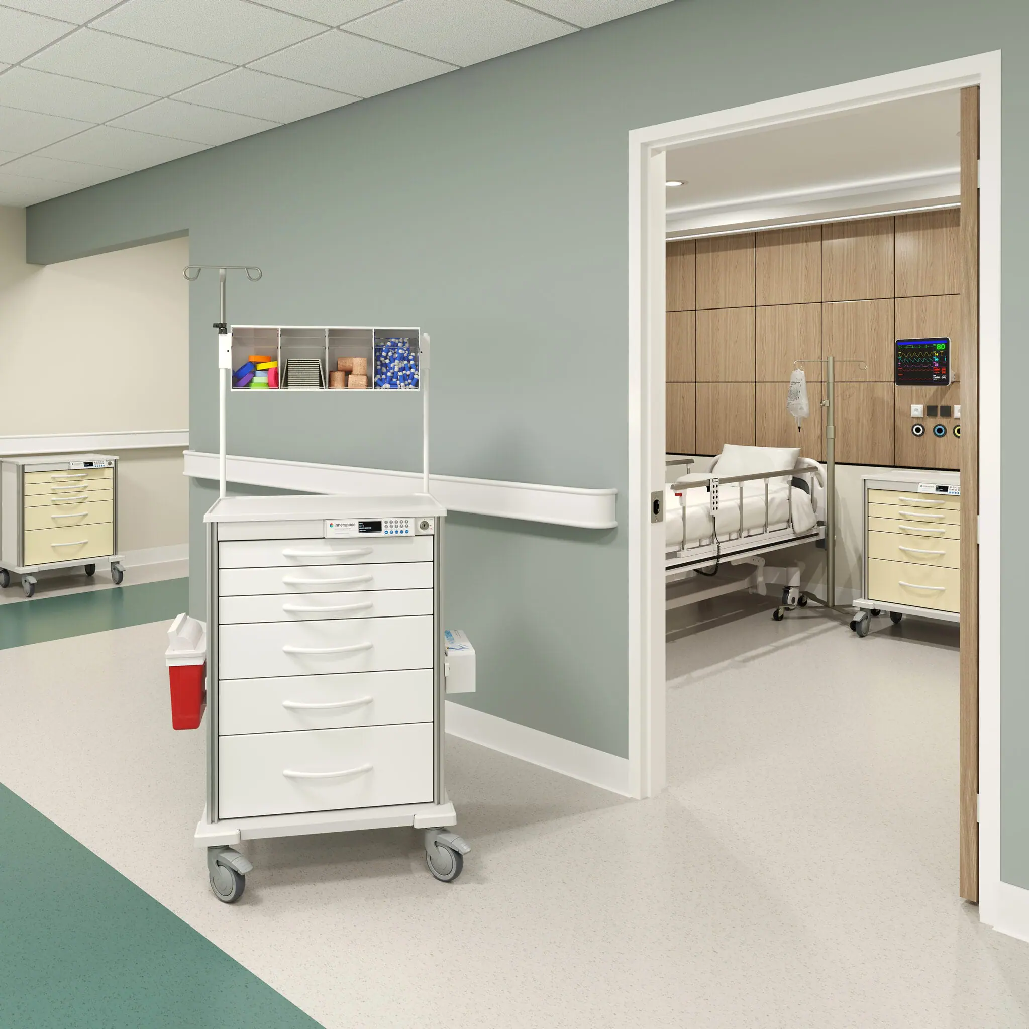 Pace carts in patient room and iv prep cart in hallway
