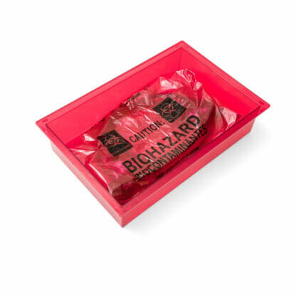 Soiled scope liner bag, shown in a 6"h red tray