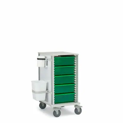 Scope Transport Cart, shown with green trays and exterior accessories