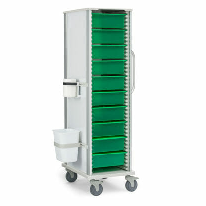 Tall Scope Transport Cart, shown with green trays and exterior accessories