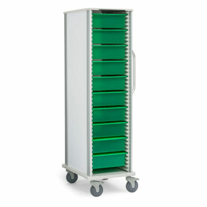 Tall Scope Transport Cart, shown with green trays
