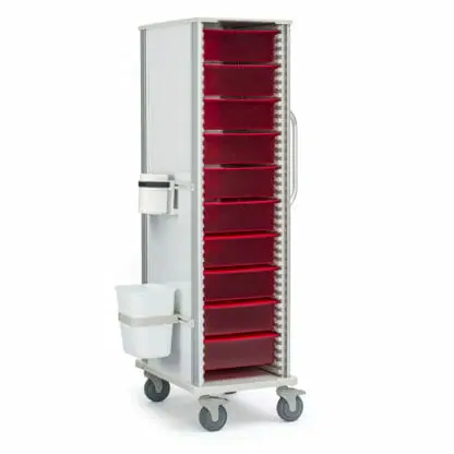 Tall Scope Transport Cart, shown with red trays and exterior accessories