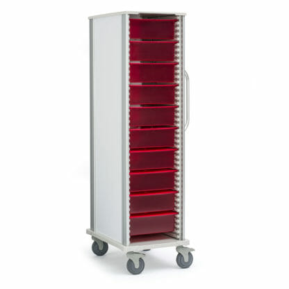 Tall Scope Transport Cart, shown with red trays